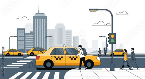 Man hailing yellow taxi in city street with buildings and traffic light, urban transport concept.