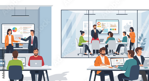 Business meeting and training session in modern office with diverse team