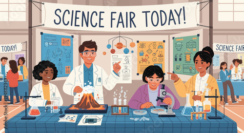 Diverse students at science fair with volcano and microscope experiments