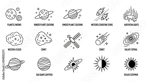 Canvastavla Collection of Hand Drawn Space and Astronomy Themed Line Art Icons Featuring Pla