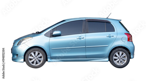 Left side view of mini or small blue sports hatchback car isolated with clipping path in png file format