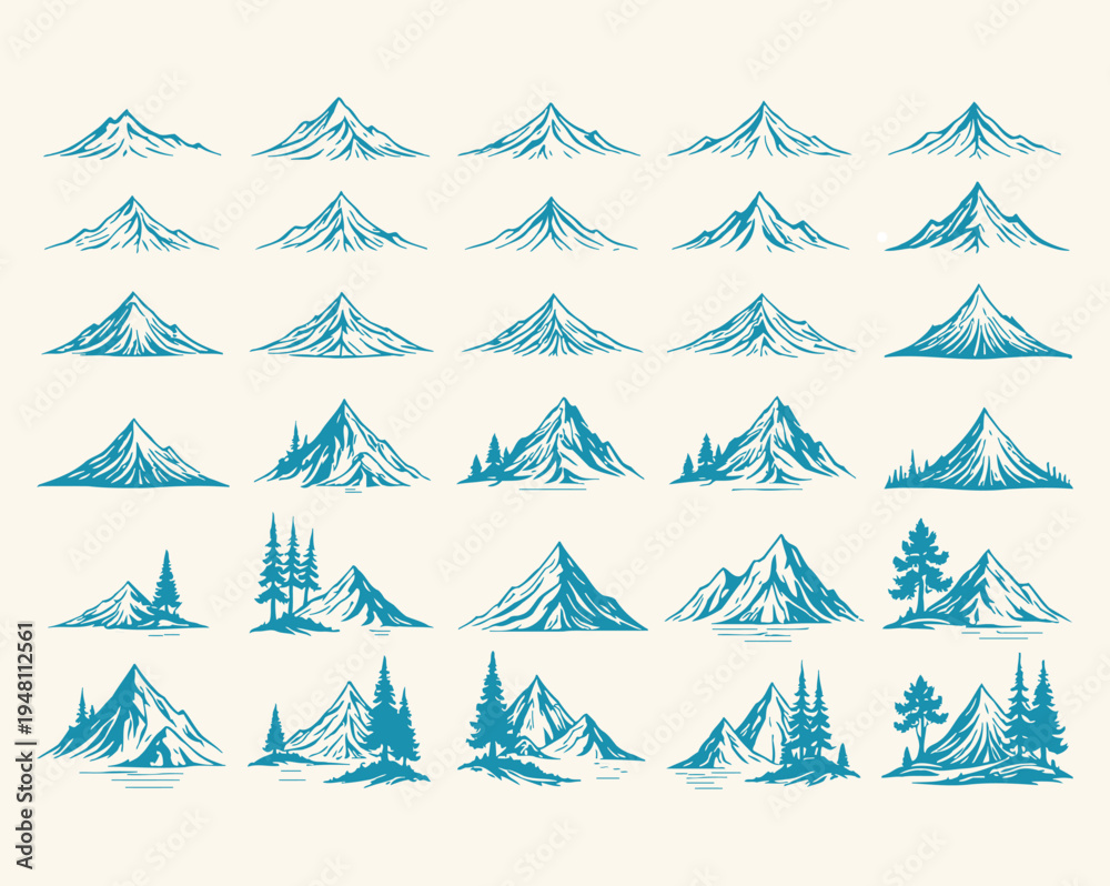 Obraz premium Collection of Stylized Mountain Range Illustrations for Outdoor and Nature Designs