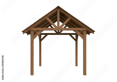 A wooden gazebo with a peaked roof and four posts isolated on transparent background