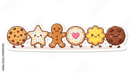 Row of 6 Cute Cookie and Gingerbread Stickers with Kawaii Faces on a White Background