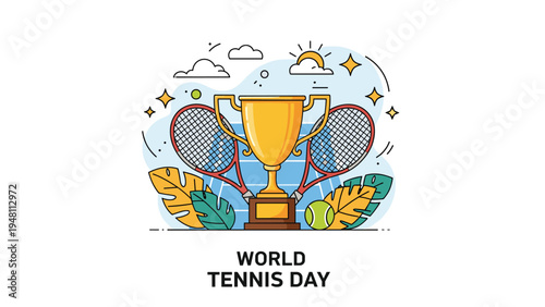 World tennis day celebration with a golden championship trophy cup placed between two rackets and a tennis ball.