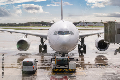 Front view of passenger aircraft connected to pushback tractor on airport apron during preparation for aircraft movement.