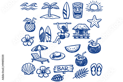 Chalk Style Beach Surf Doodle Set Hawaii Coastal Palm Trees Waves Surfboards Vector