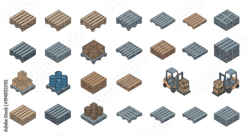 A diverse collection of isometric wooden and metal pallets and industrial forklifts for warehouse logistics.