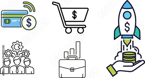 E commerce and finance icons featuring a silhouette of growth and success