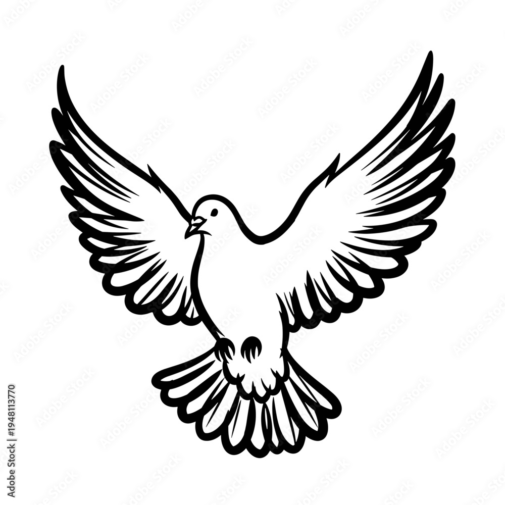 Obraz premium Flying dove illustration with detailed wings in black outline 