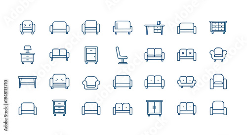 Furniture icon set in blue color