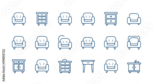 Furniture icons armchairs tables and cabinets