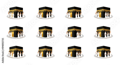 Multiple Kaaba illustrations with pilgrims performing Tawaf sacred Islamic site in Mecca.