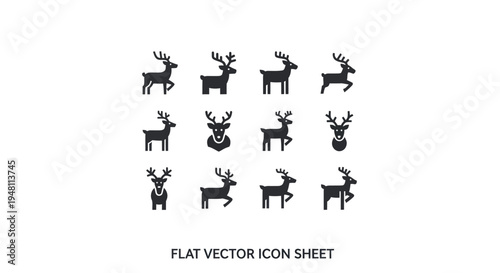 Collection of Black Silhouette Reindeer Icons in Various Poses Antlers Visible.