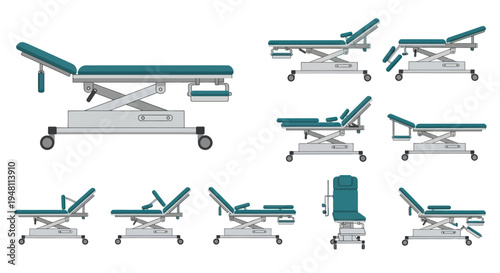 A set of adjustable medical examination tables with wheels shown in various positions and angles.
