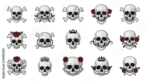 Collection of stylized human skulls with decorative elements like roses and crowns.