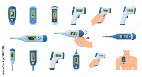 Various Digital Thermometers for Measuring Body Temperature in Different Styles.