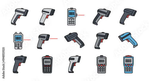 Collection of Handheld Barcode Scanners with Display Screens and Trigger Buttons.