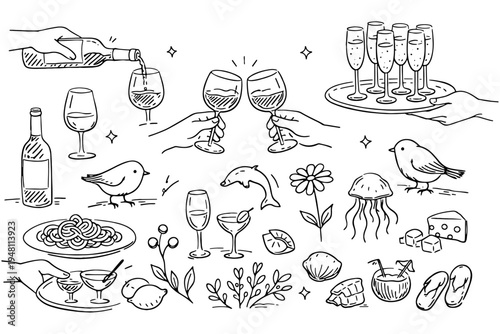 Italian Sicily Sketch Style Food and Wine Vector Hand Drawn Ink Drawings for Menus