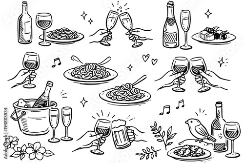Italian Sicily Food and Wine Doodle Collection Hand Drawn Ink Sketch Style Vector