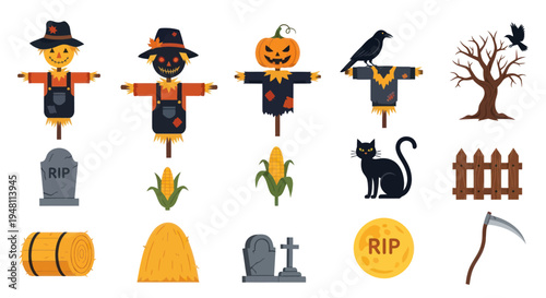 Halloween Scarecrow Collection: Spooky Autumn Decorations and Harvest Symbols.