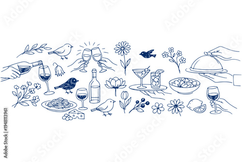 La Dolce Vita Italian Sicily Style Hand Drawn Ink Food and Wine Vector Illustrations