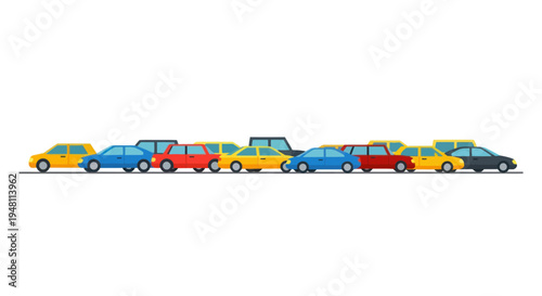 A horizontal row of various colorful vehicles in a congested traffic jam illustration.