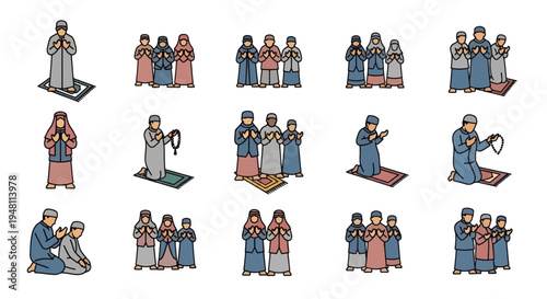 Diverse Muslim people praying performing Islamic religious rituals and worshiping.