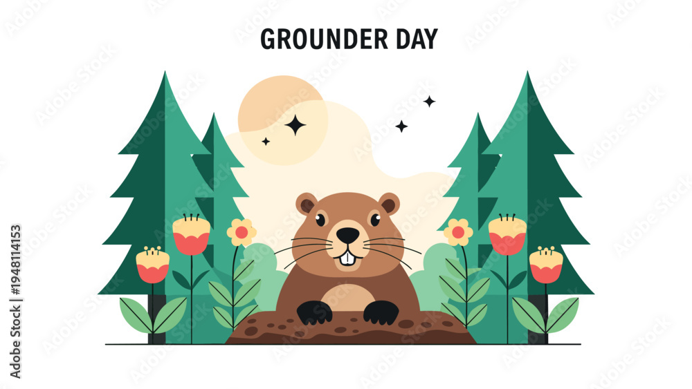 Fototapeta premium Groundhog Day celebration featuring a cute groundhog emerging from its burrow in a vibrant forest with colorful spring flowers and trees.