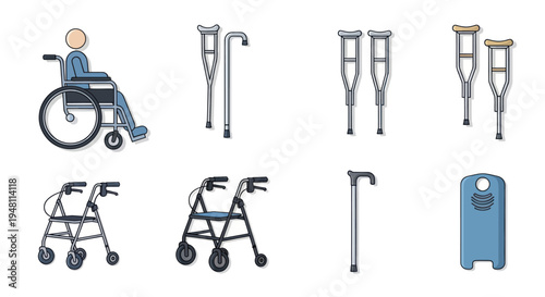 Collection of Mobility Aids for Elderly and Disabled Individuals.