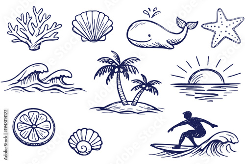 Naive Tropical Beach Doodle Vector Set Surfer Palm Tree Waves Starfish Summer Ornament