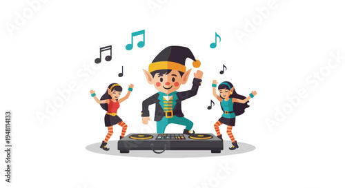 Festive Elf DJ Entertaining Dancers with Music Notes.