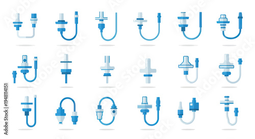 Collection of Blue and White Medical IV Drip Systems with Tubing.
