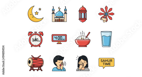 Ramadan Icons Set for Islamic Fasting and Holy Month.