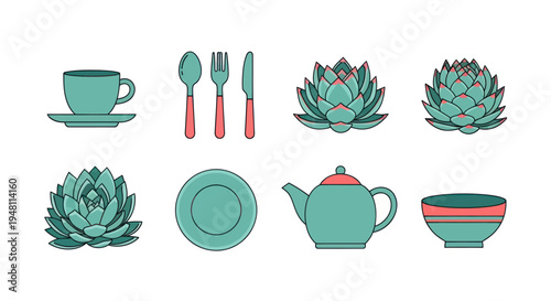 Green floral and utensil design elements
