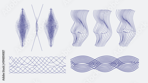 Abstract composition with geometric figures created from dark blue lines on a light gray background