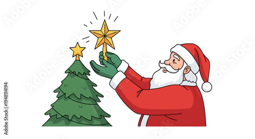 Cartoon Santa Claus placing a sparkling gold star on a Christmas tree.