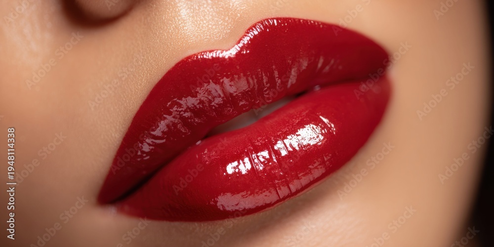Fototapeta premium Close-up of luscious red lips with glossy lipstick, exuding glamour and sensuality