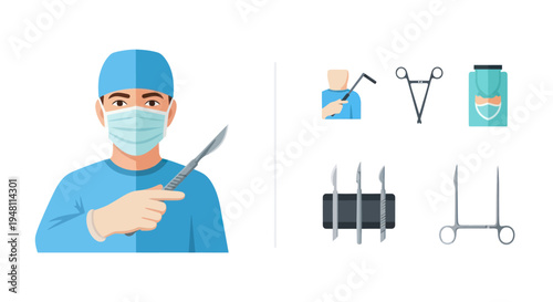 Surgeon Holding Scalpel with Medical Tools Illustration.