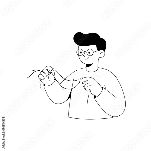 Minimal line art knitting illustration for craft design and hobby decor or Monochrome outline of a person knitting for diy crafts and decor visuals