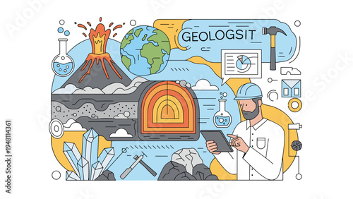 Professional geologist studying earth crust layers, volcanic activity, and mineral crystals using a digital tablet in a lab setting.