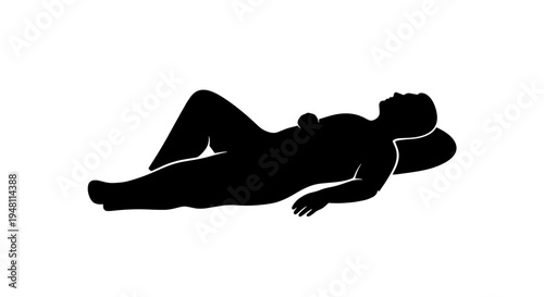 Silhouette of a person lying on their back with knees bent and head resting on a pillow, with a small object on their abdomen.