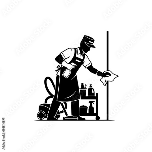 A black and white silhouette of a professional cleaner with a cap and apron, wiping a surface with a spray bottle and cloth, next to a cleaning cart with supplies and a vacuum cleaner.