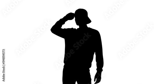 Black silhouette of a person wearing a hat and long-sleeved shirt, adjusting their headwear on a white background.