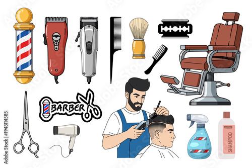 A barber is cutting a man's hair with various tools and equipment around them.