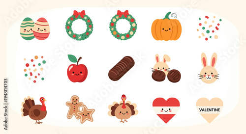 Holiday icons easter thanksgiving and valentines