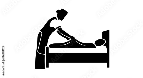 Black silhouette of a caregiver attending to a patient in bed, symbolizing medical assistance and personal care.