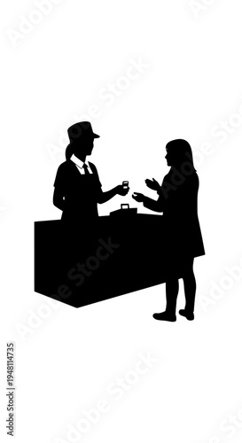 Black silhouette of a woman in a hat interacting with a child at a counter, possibly a ticket agent or receptionist assisting a young customer.