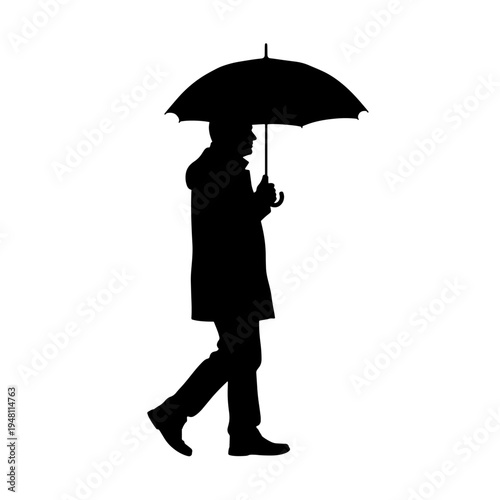 Silhouette of a person walking with an open umbrella, suggesting rain or protection from elements.