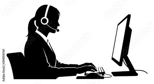 Silhouette of a woman wearing a headset, typing on a computer at a desk, representing customer service or office work.